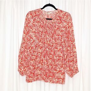 Tucker NYC Classic Blouse Red Sweet Pea in Crepe de Chine Silk Top Long Sleeves